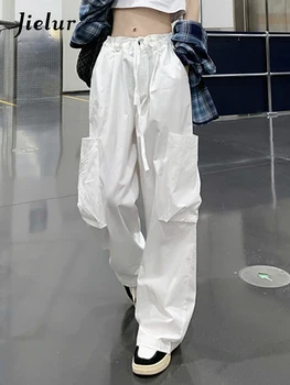 Jielur, Белые прямые брюки-карго с высокой талией, свободные повседневные однотонные женские широкие брюки, Летние Темно-серые женские брюки
