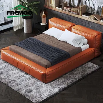 Современная дизайнерская кровать из массива Тофу, Высококачественная мебель для спальни, Кожаная двуспальная кровать размера King/Queen Size