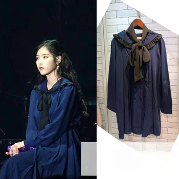 Уличная одежда Kpop IU Lee Ji Eun, модный синий бант-Конт, Милое платье, женское платье в японском стиле колледжа, Каваи, свободные платья с длинными рукавами