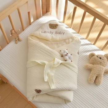 Хлопчатобумажное пеленание для новорожденных, Мультяшная вышивка, Пеленание со шляпой, тонкой подкладкой и бандажом, детское одеяло для прогулок 0-12 м